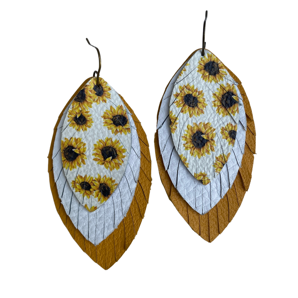 White Sunflower Large Leather Feather Earrings