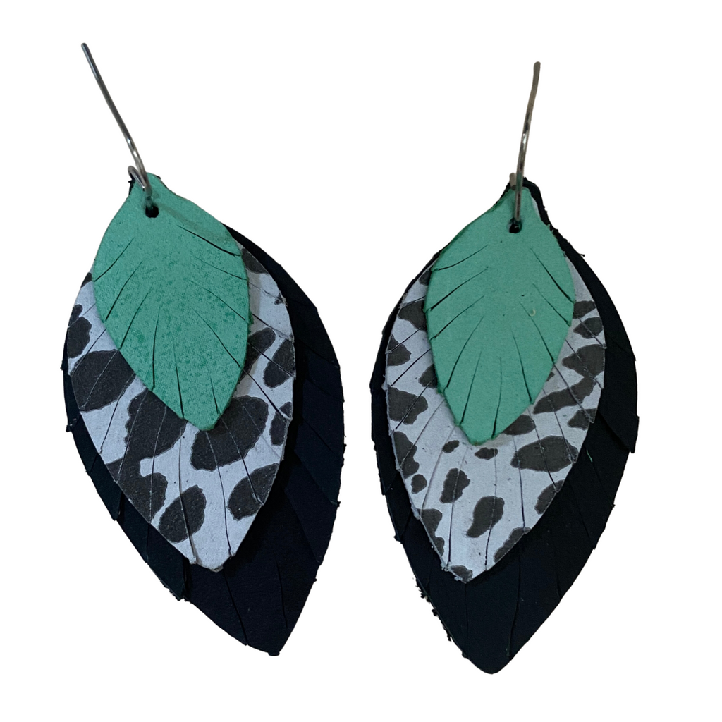 Black White and Mint Small Fat Feather Earrings
