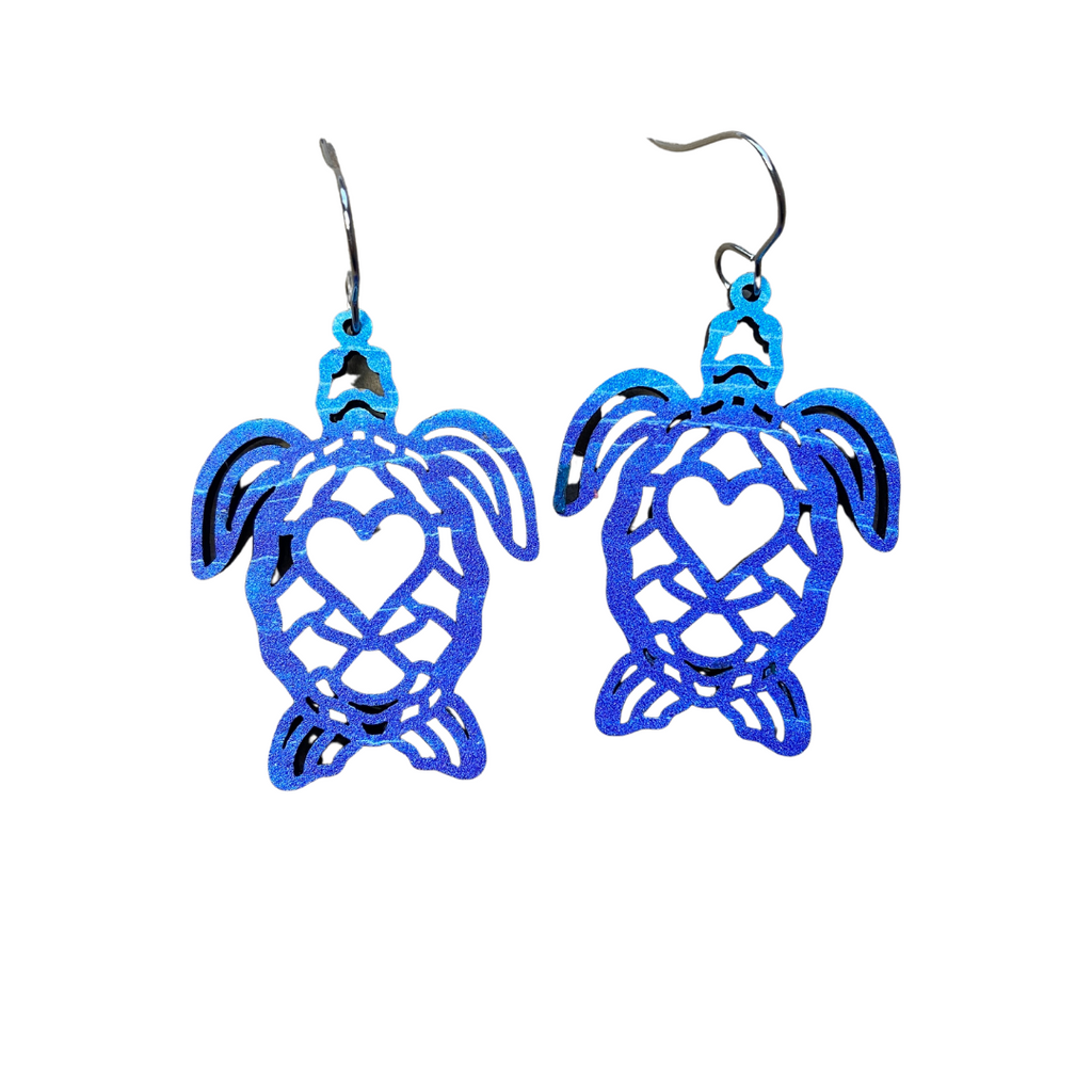 Blue Heart Turtle Laser Cut Wood Earrings