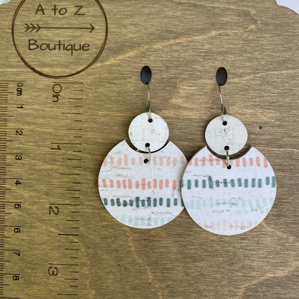 White Taupe & Green Cork and Leather Earrings