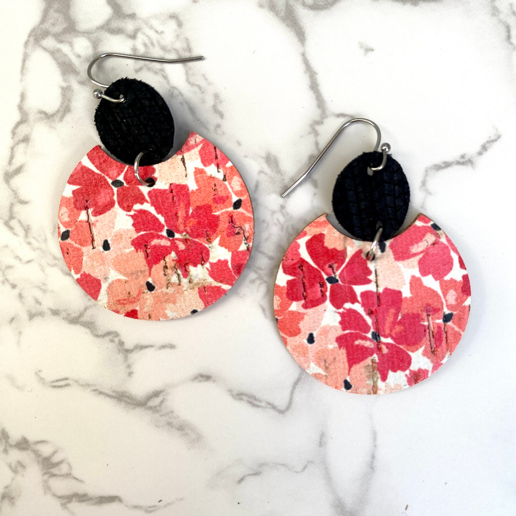 Red Floral Poppy Cork and Leather Earrings