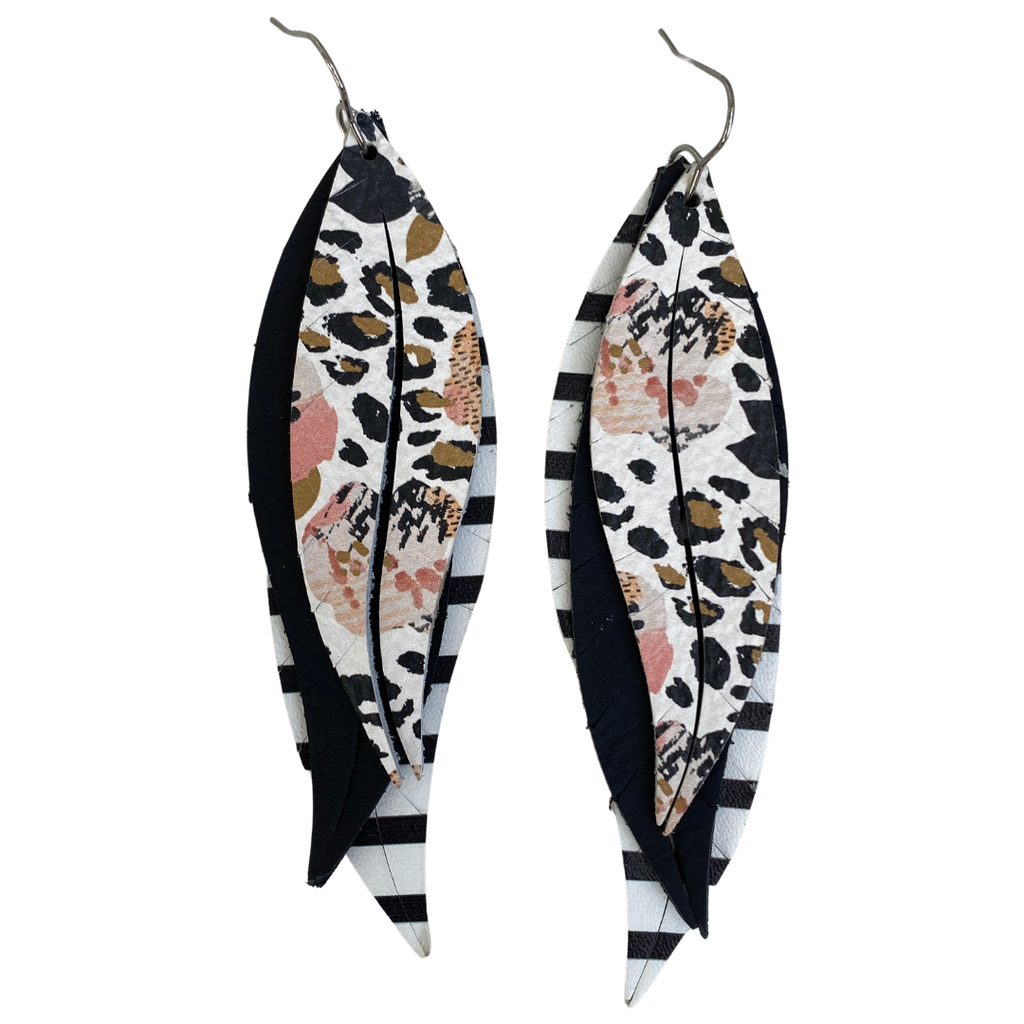 Black White and Pink Floral Split Feather Earrings