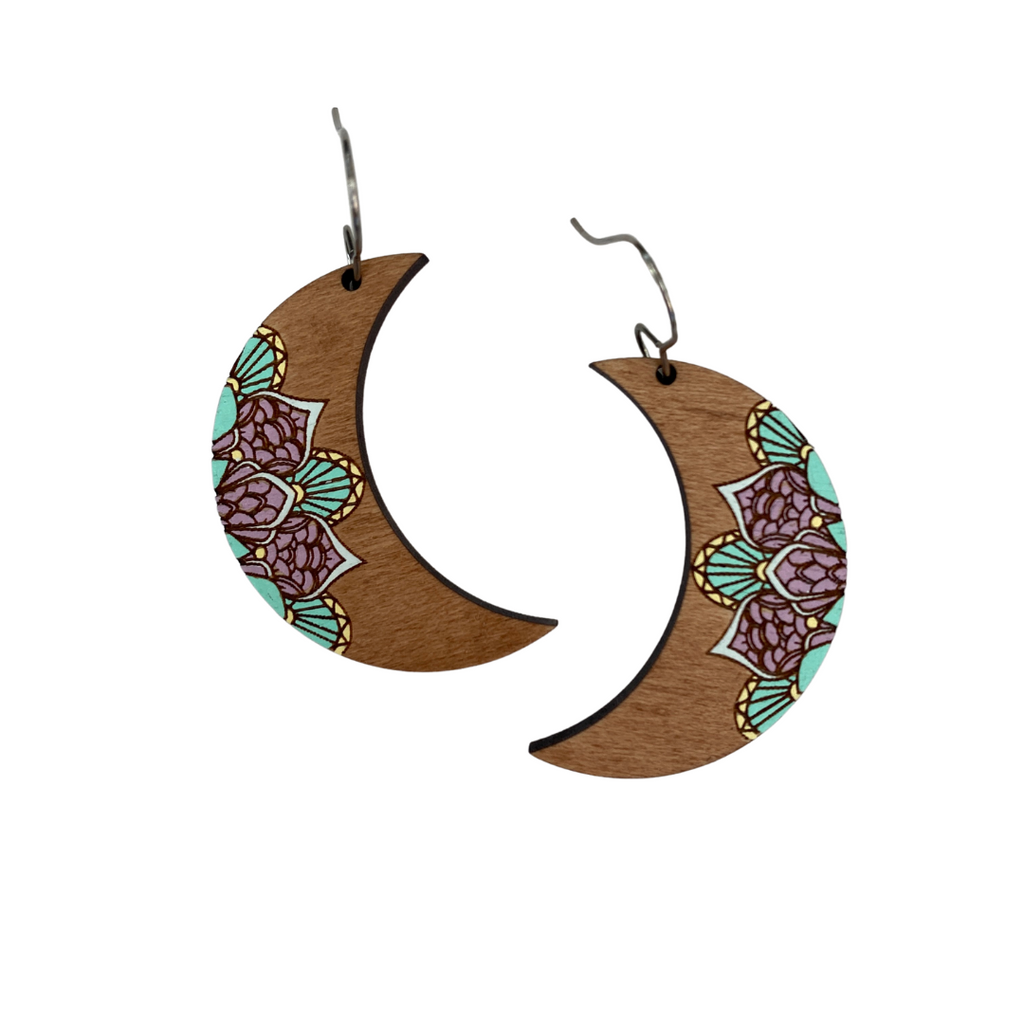 Purple and Mint Moon Hand Painted Earrings
