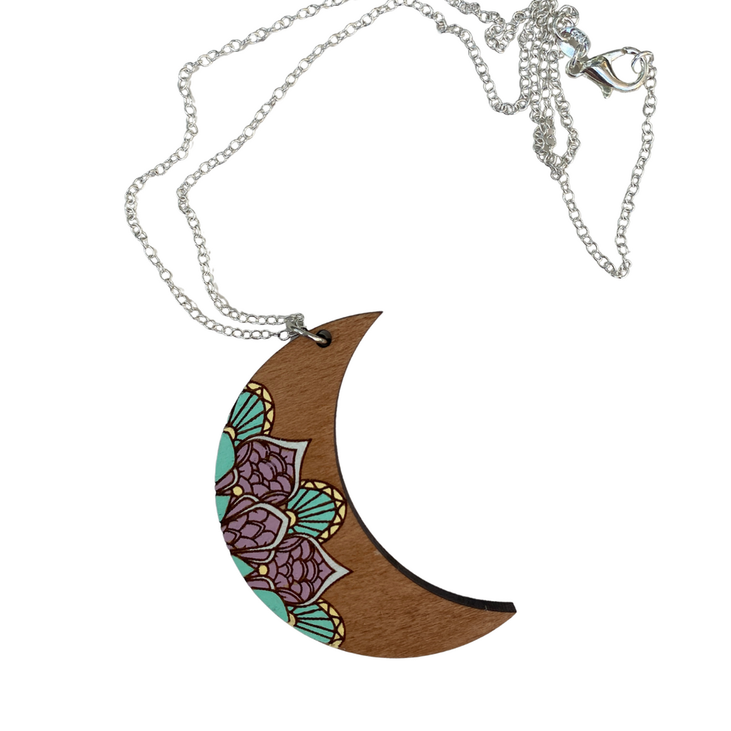 Purple and Mint Moon Hand Painted Pendant Necklace