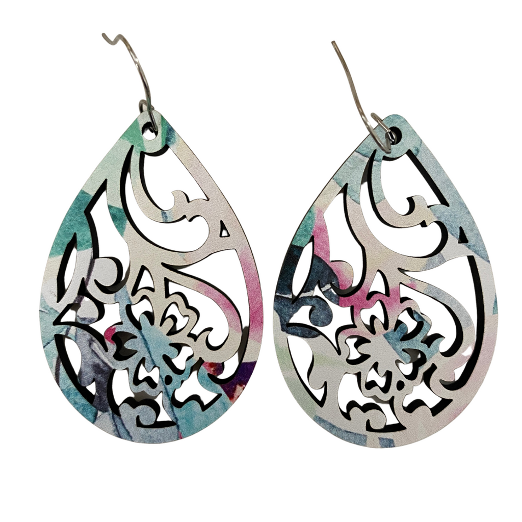 Pink and White Floral Laser Cut Wood Earrings
