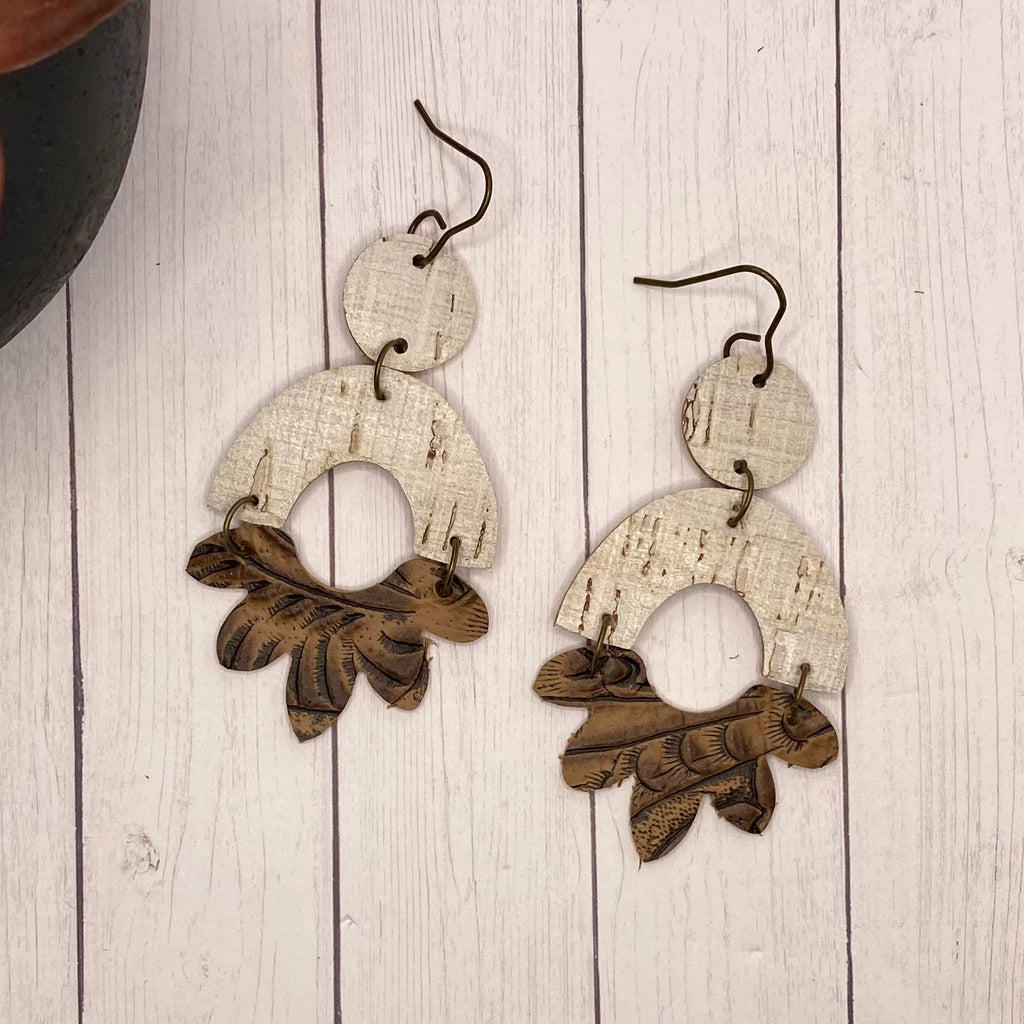 Brown and Tan Flower Arch Leather Earrings
