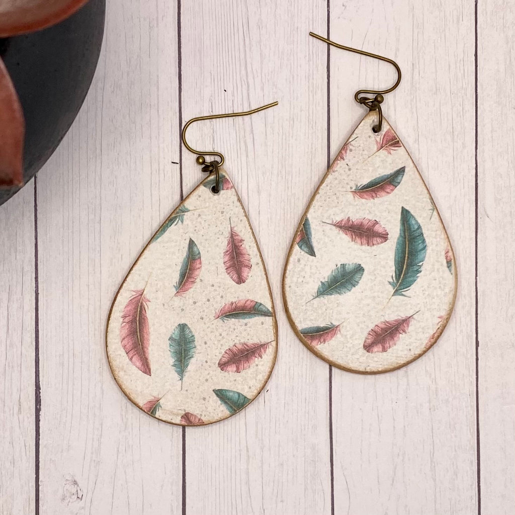 Pink and Teal Feather Wood Earrings