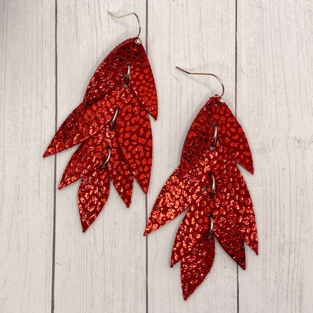 Red Cascading Petal Leather Earrings
