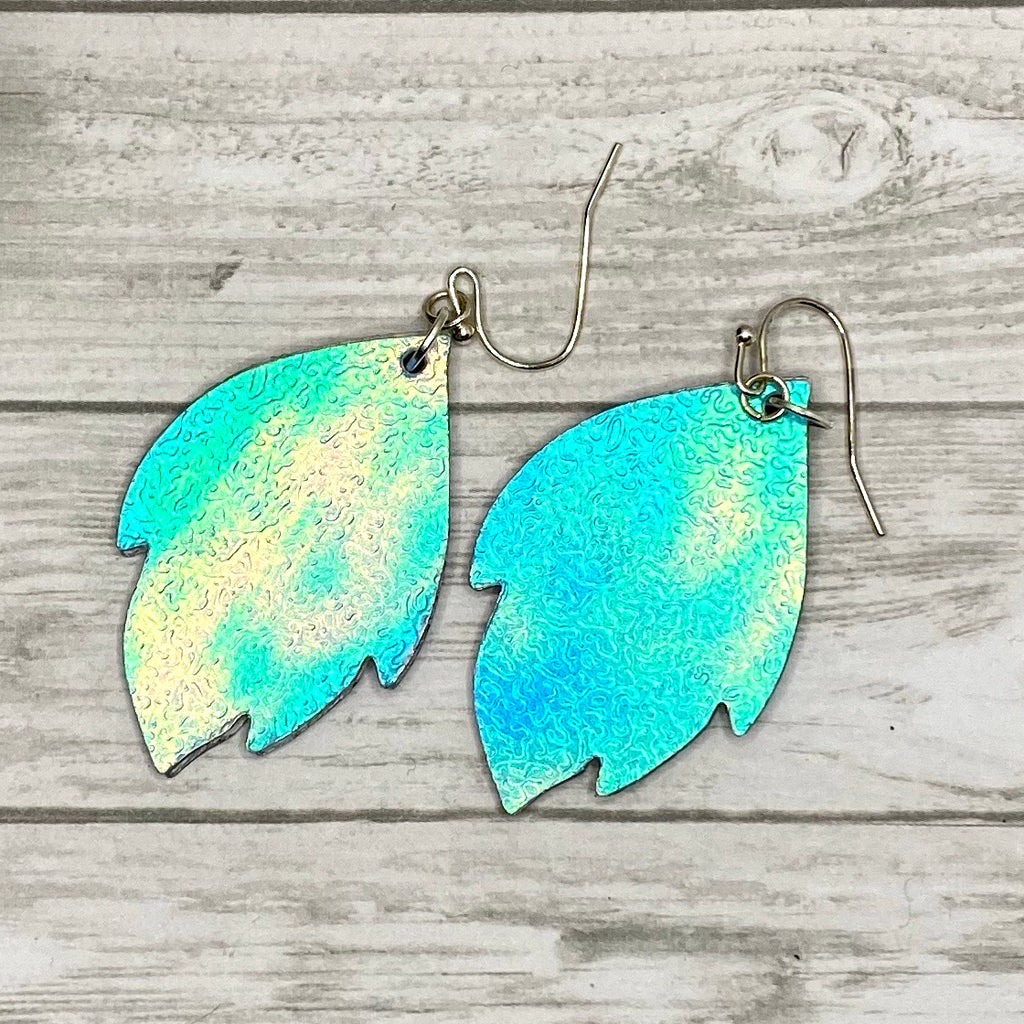 Blue Holographic Wood Leaf Earrings
