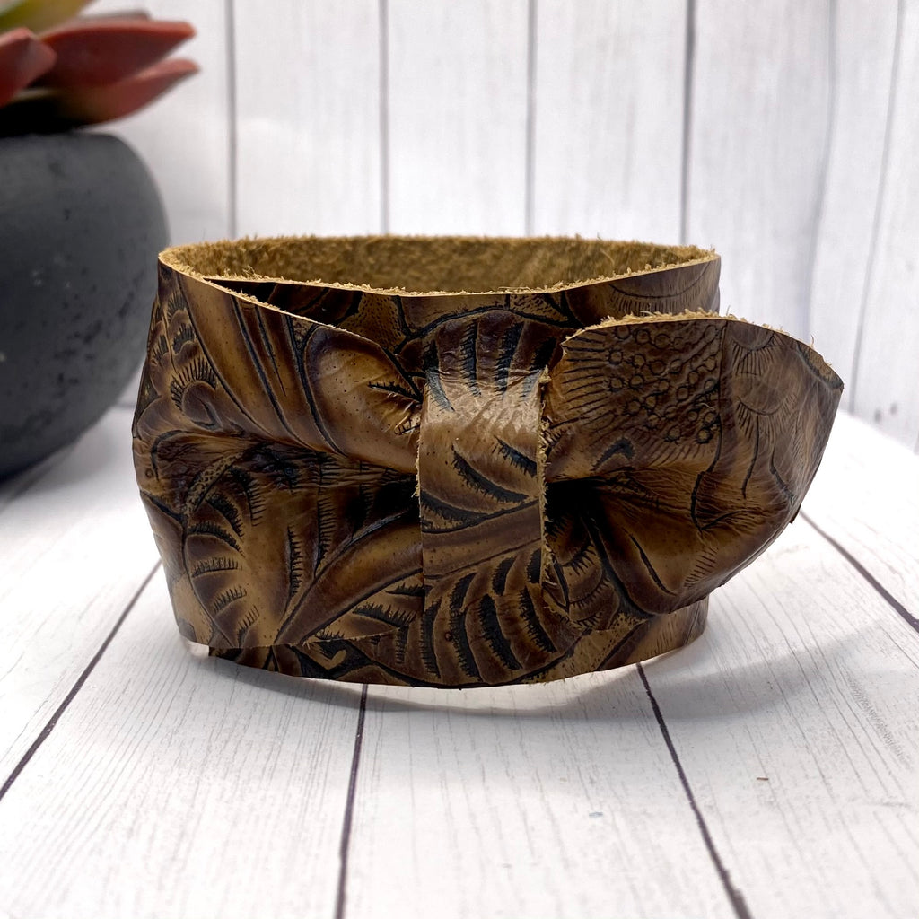 Brown Embossed Floral Genuine Leather Bow Cuff Bracelet