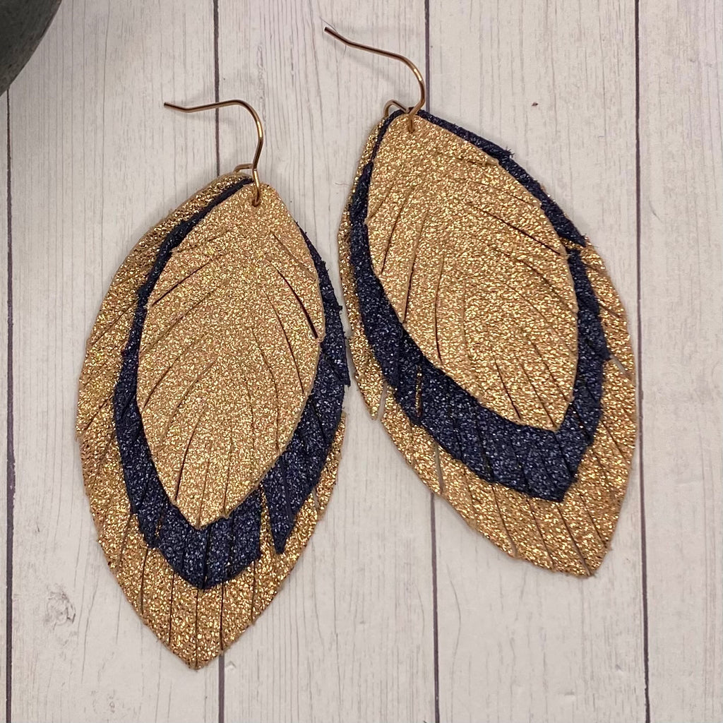 Rose Gold and Navy Large Leather Feather Earrings