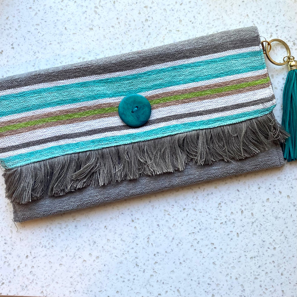Gray and Teal Handmade Woven Rag Purse with Tassel