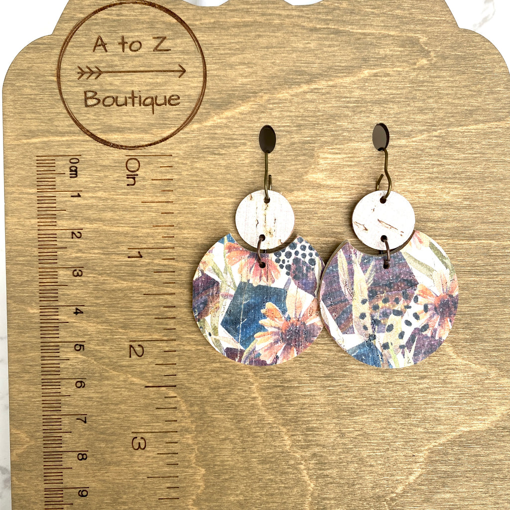 Ivory and Maroon Floral Double Circle Cork Leather Earrings