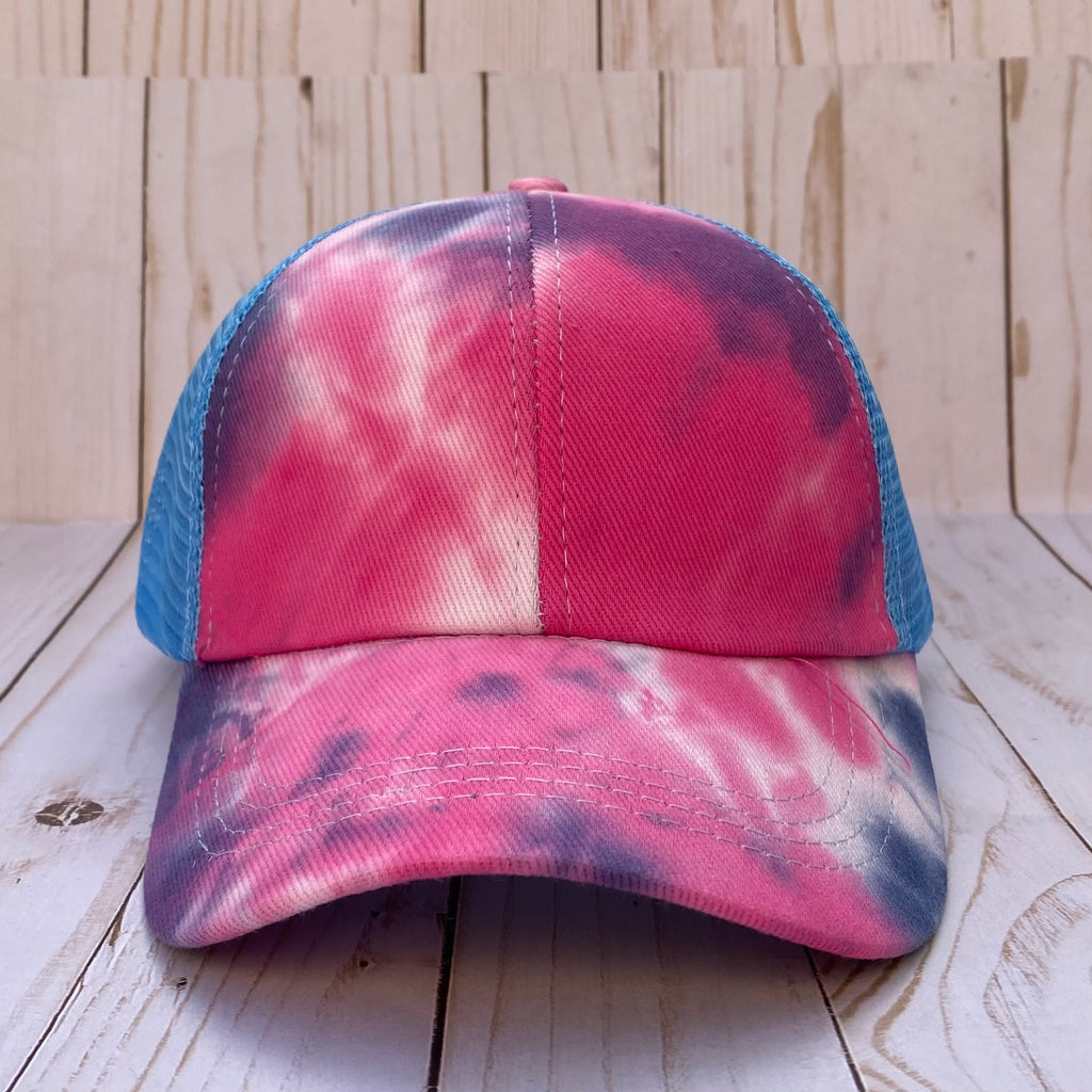 Pink and Blue Tie Dye Distressed Criss Cross Ponytail Hat