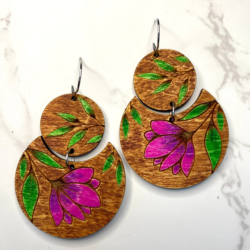 Round Pink Floral Wood Hand Painted Earrings