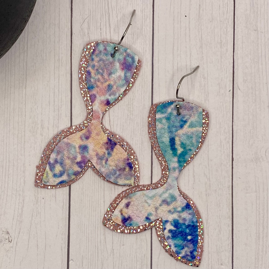Pink and Blue Watercolor Leather Mermaid Tail Earrings