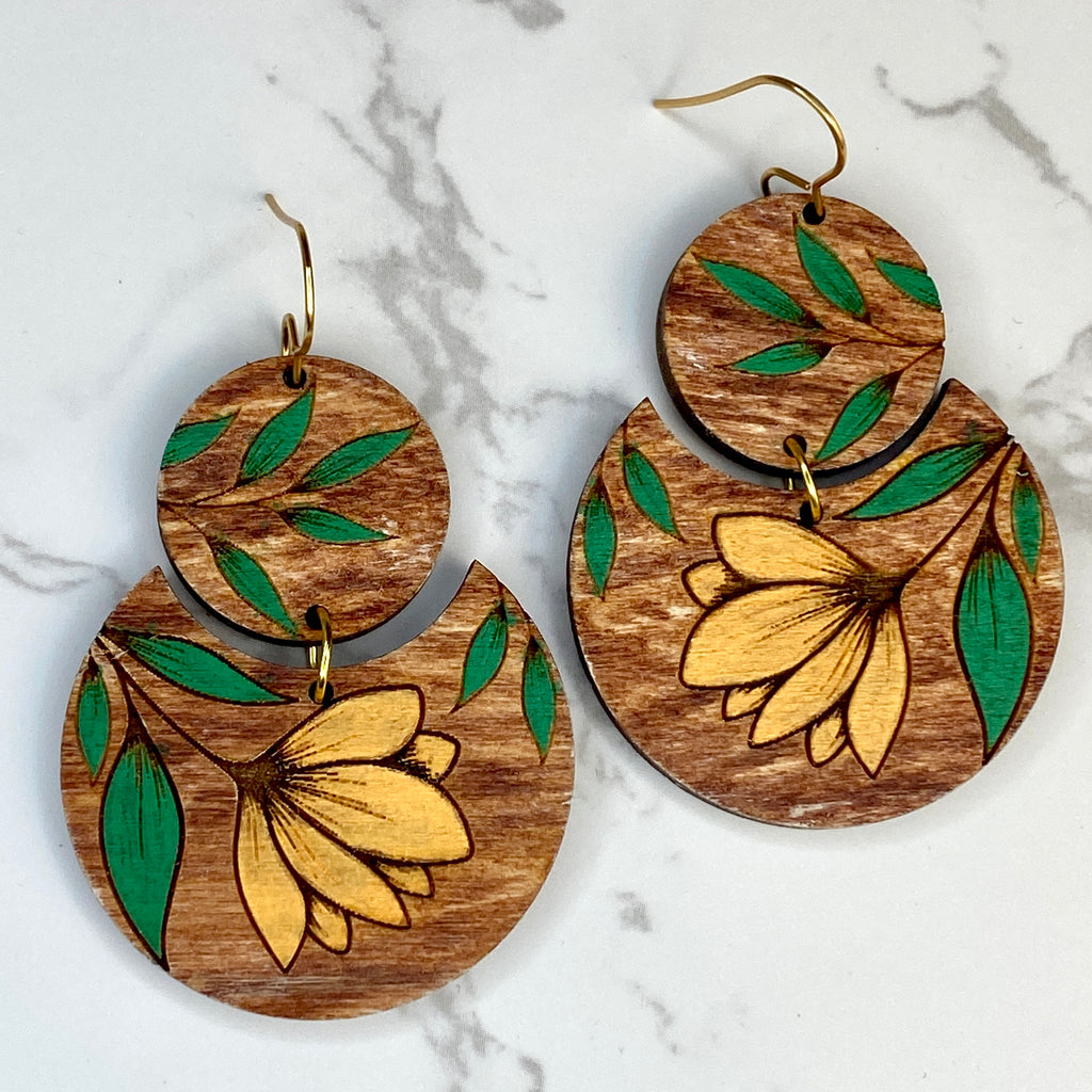 Floral Round Wood Hand Painted Earrings