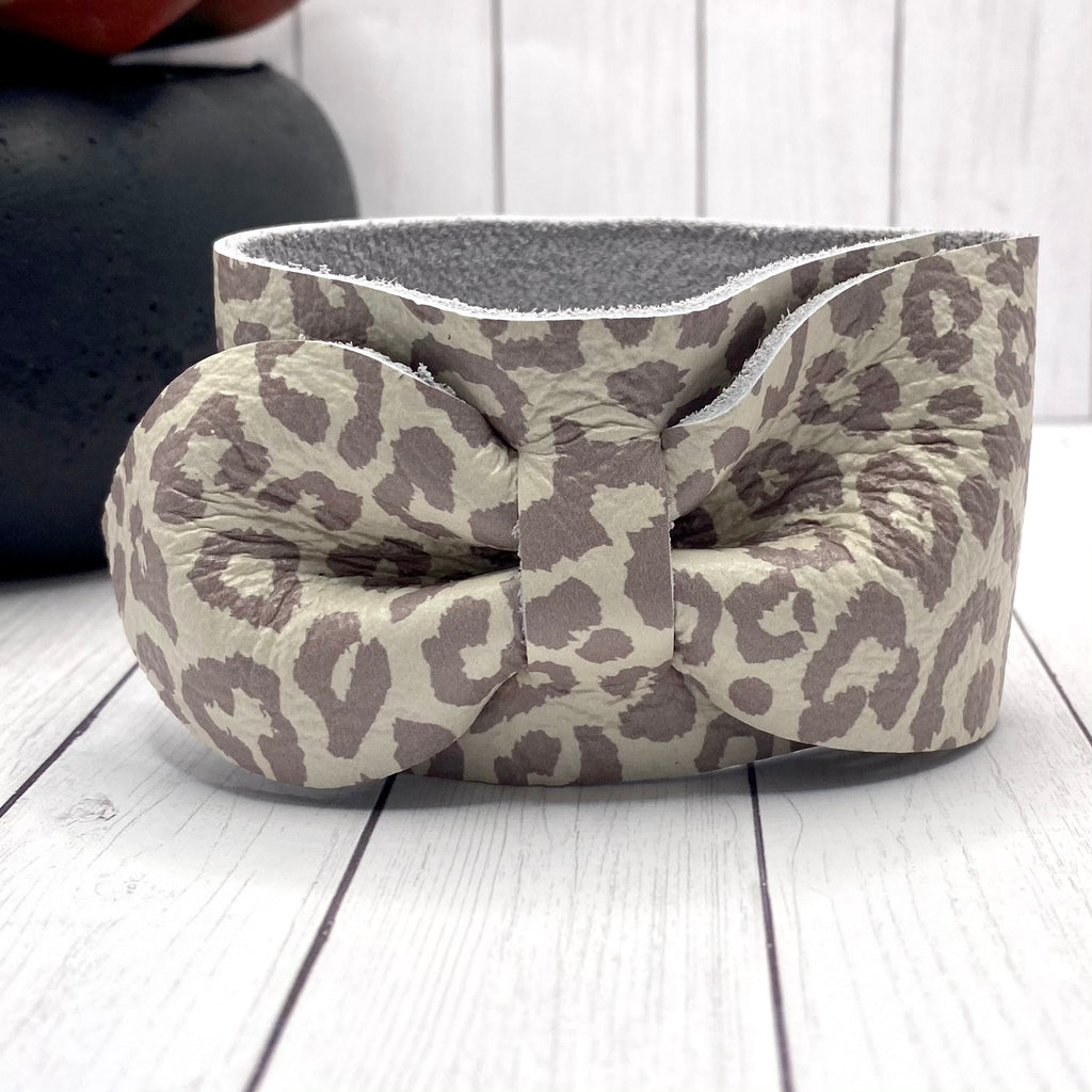 Gray and White Animal Print  Genuine Leather Bow Cuff Bracelet
