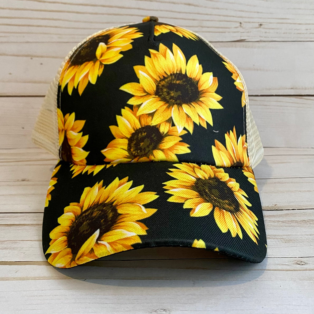 Sunflower Distressed Criss Cross Ponytail Hat