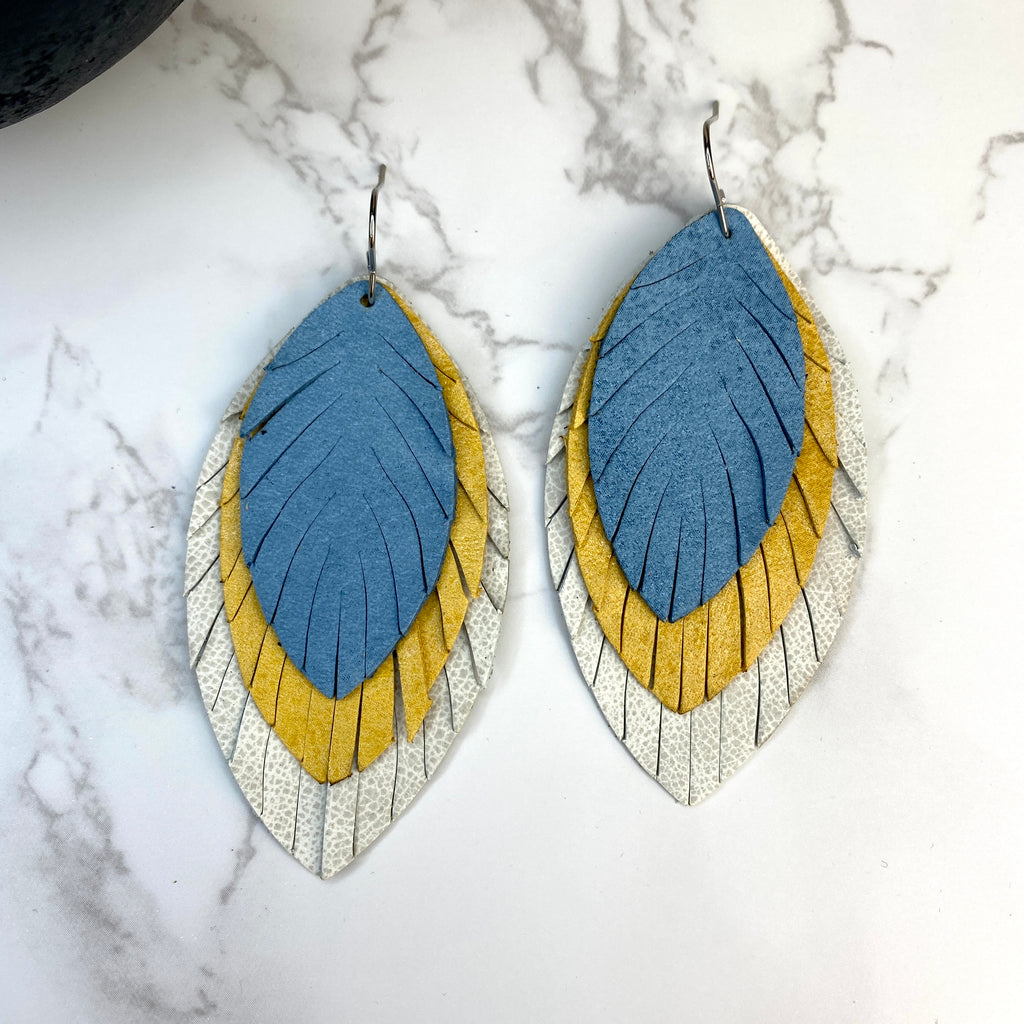 Ivory Mustard and Blue Large Leather Feather Earrings