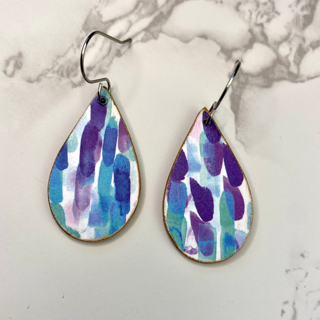 Purple and Blue Watercolor  Wood Earrings
