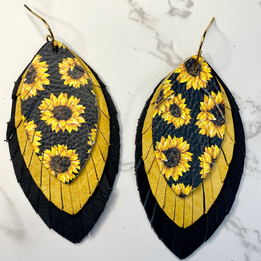 Sunflower Large Leather Feather Earrings