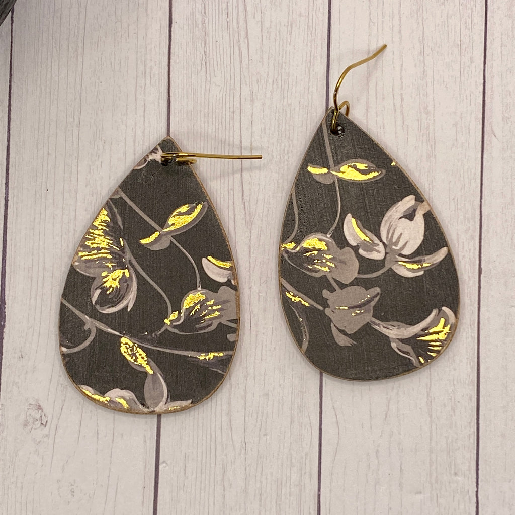 Black Gray and Gold Floral Wood Earrings