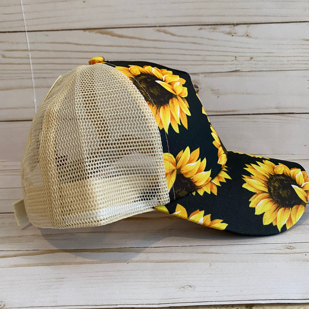 Sunflower Distressed Criss Cross Ponytail Hat