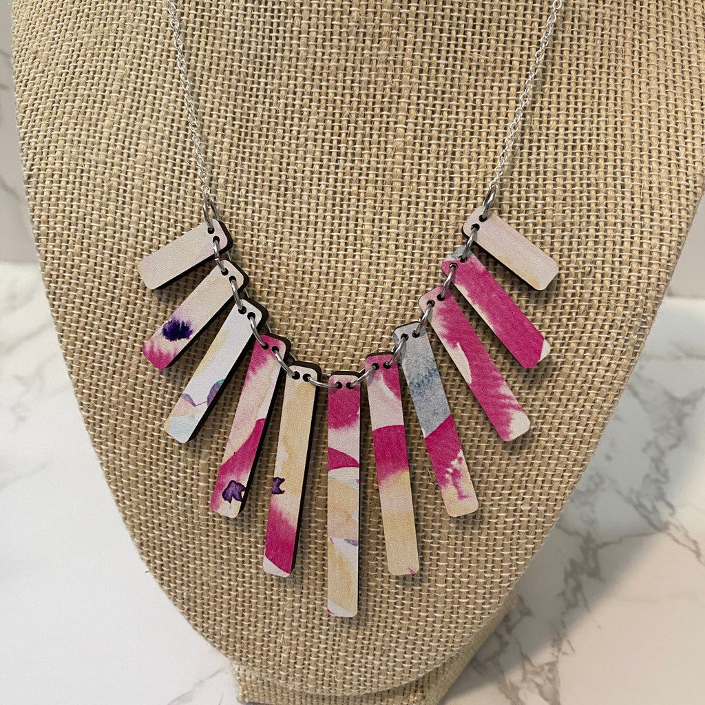 Pink and White Floral Laser Cut Wood Bar Necklace