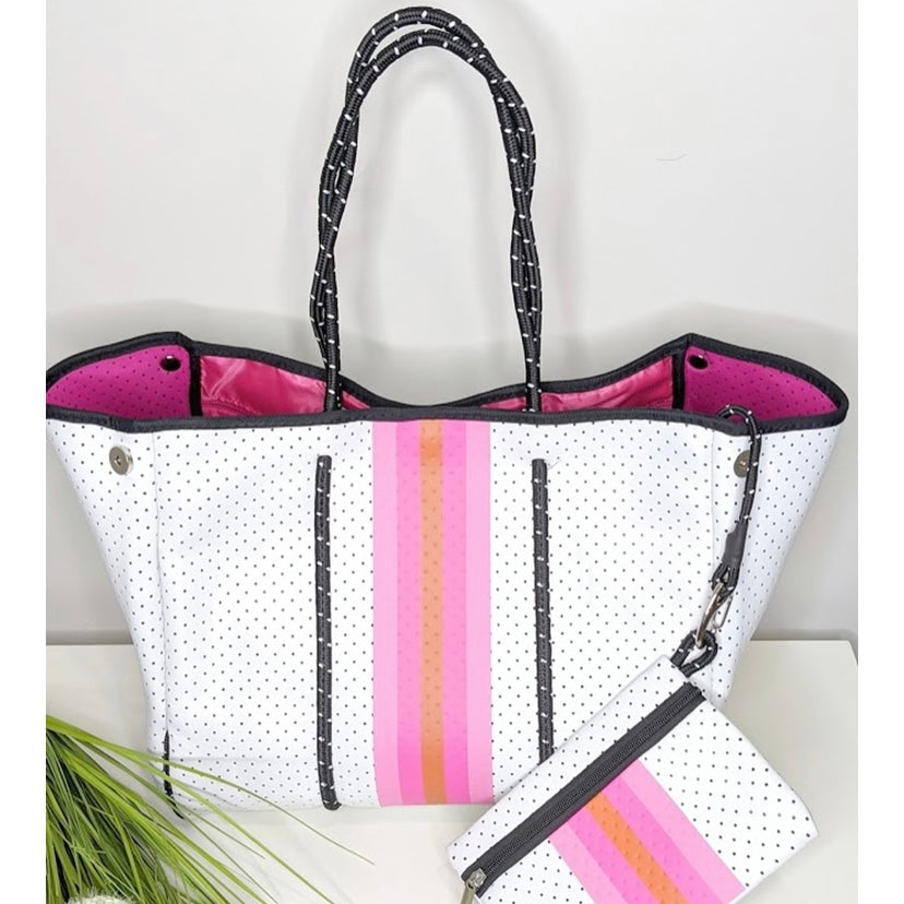 White and Pink Neoprene Tote Purse