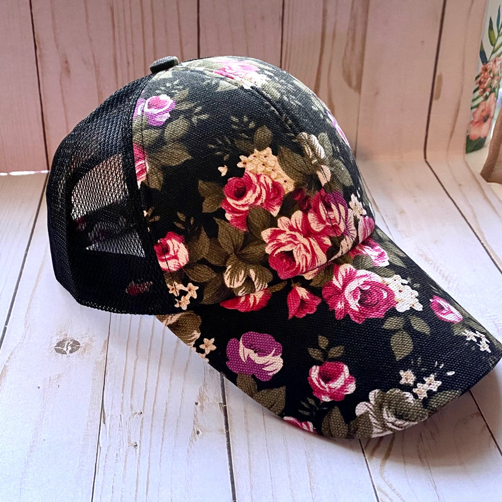 Black and Pink Floral Trucker Hat