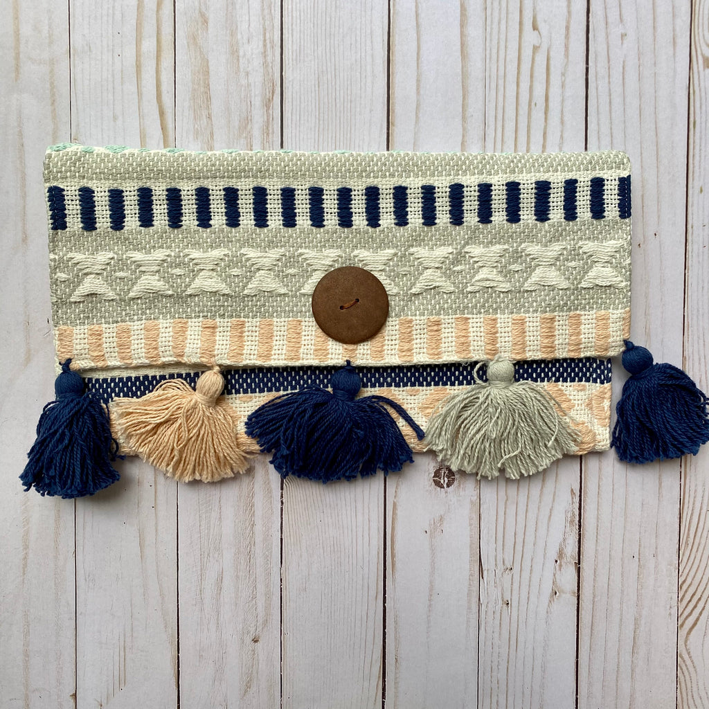 Boho Gray and Blue Handmade Woven Purse with Tassels