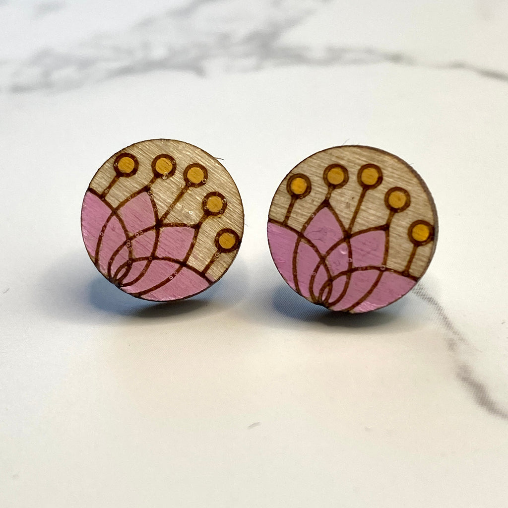 Hand Painted Wood Pink Flower Stud Earrings