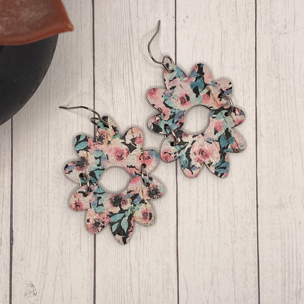 Pink Floral Double Flower Leather Earrings