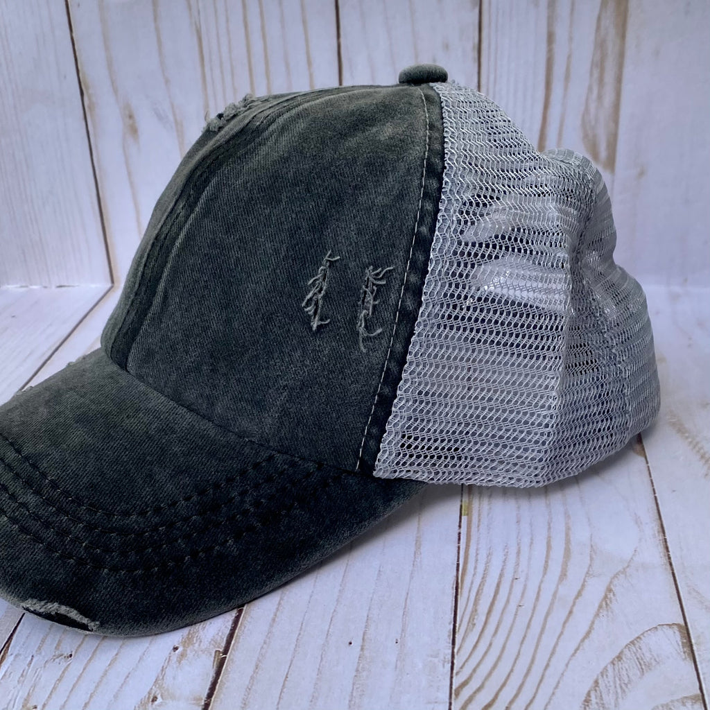 Gray Distressed Criss Cross Ponytail Hat