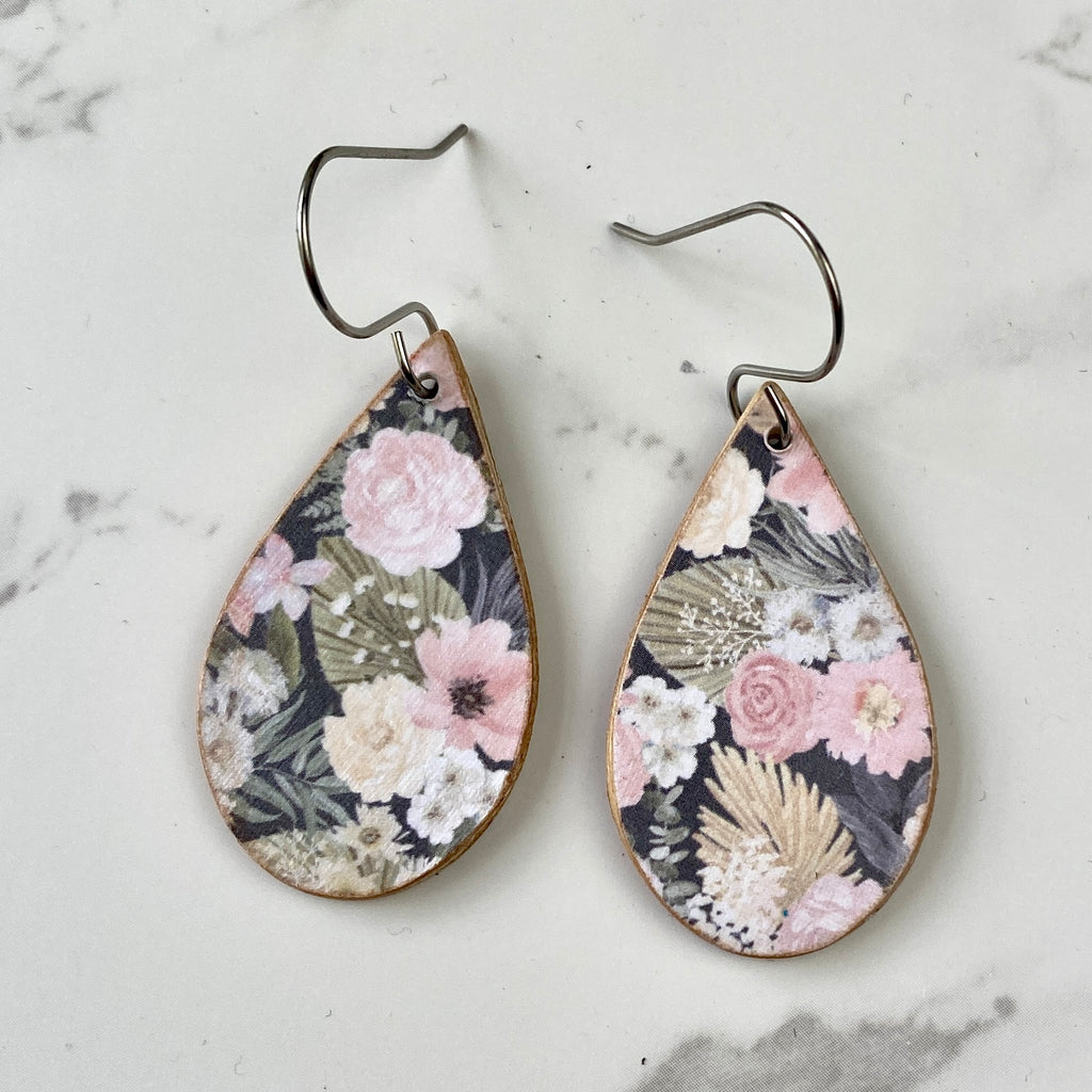 Gray and Pink Floral Wood Earrings