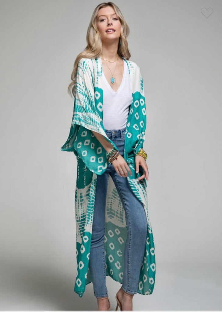 Teal and White Tie Dye Kimono