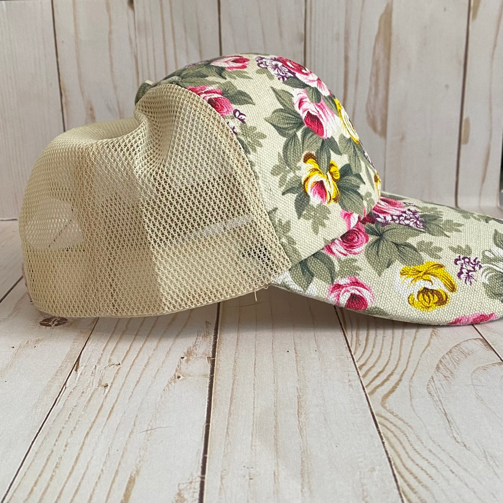 Ivory and Pink Floral Trucker Hat