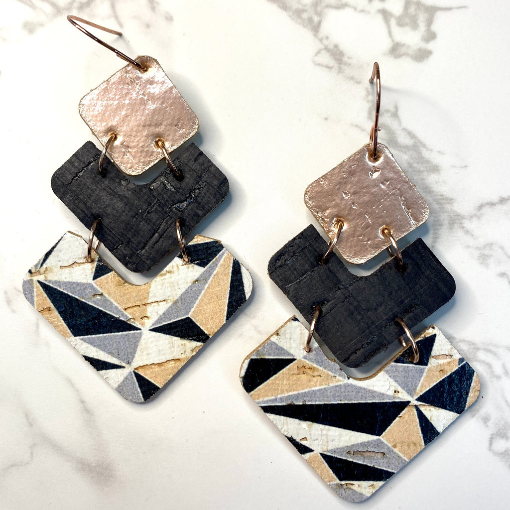 Rose Gold and Black Geometric Stacked Chevron Leather Earrings