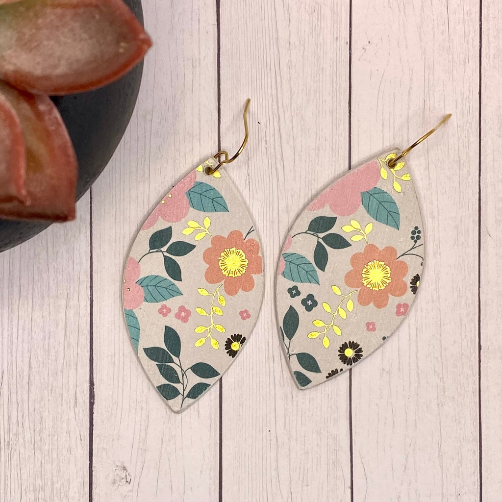 Pink a d Gold Floral Leaf Wood Earrings