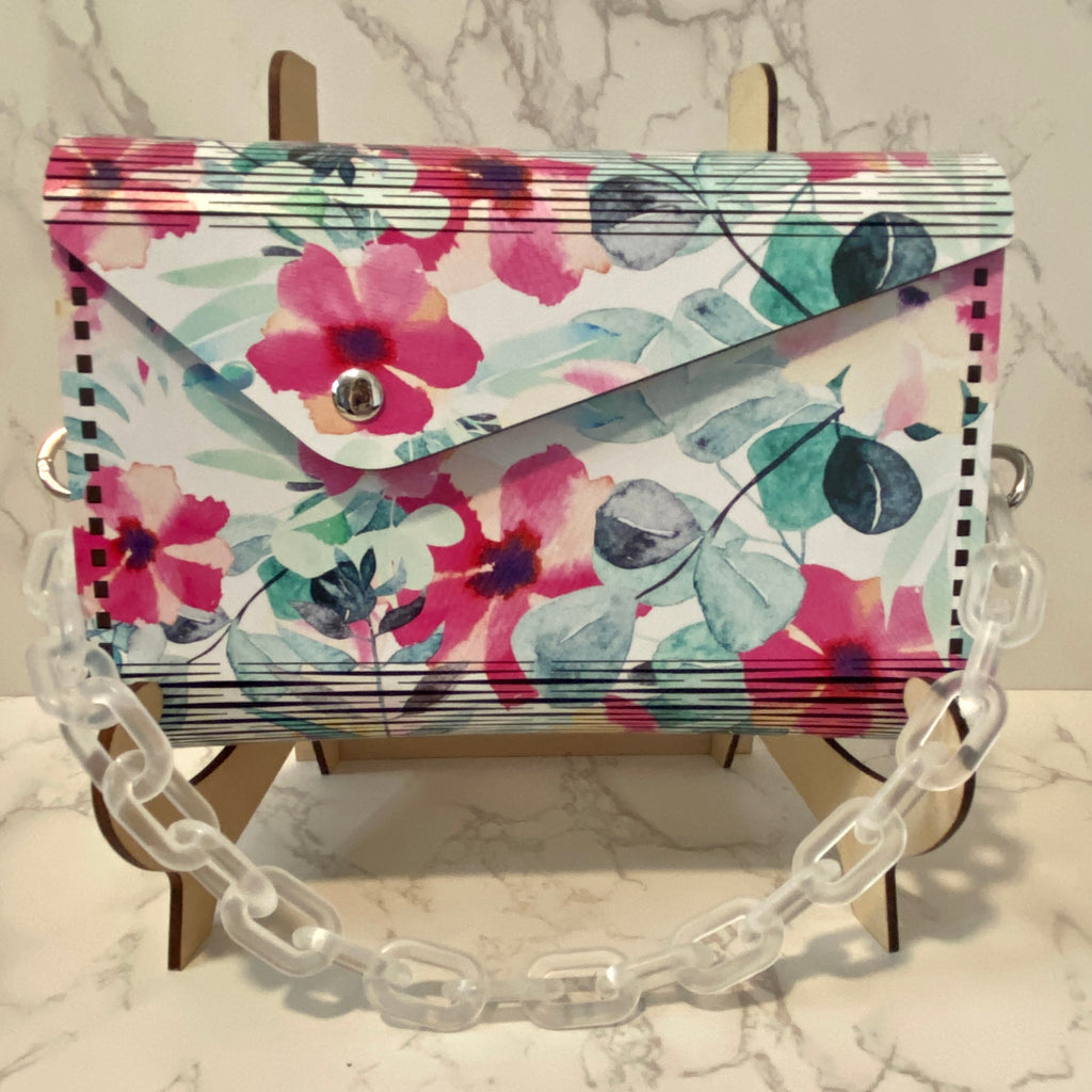 Pink and White Floral Laser Cut Wood Purse