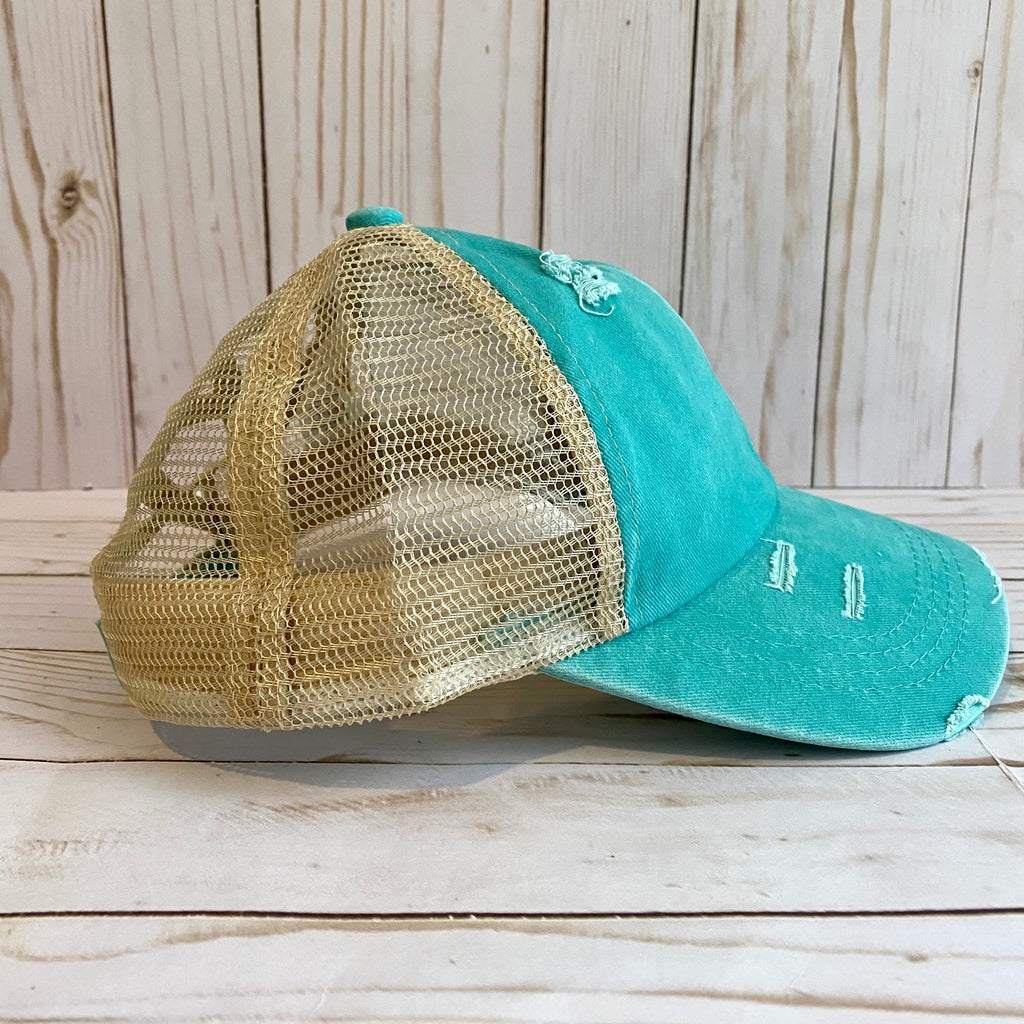 Teal Distressed Criss Cross Ponytail Hat