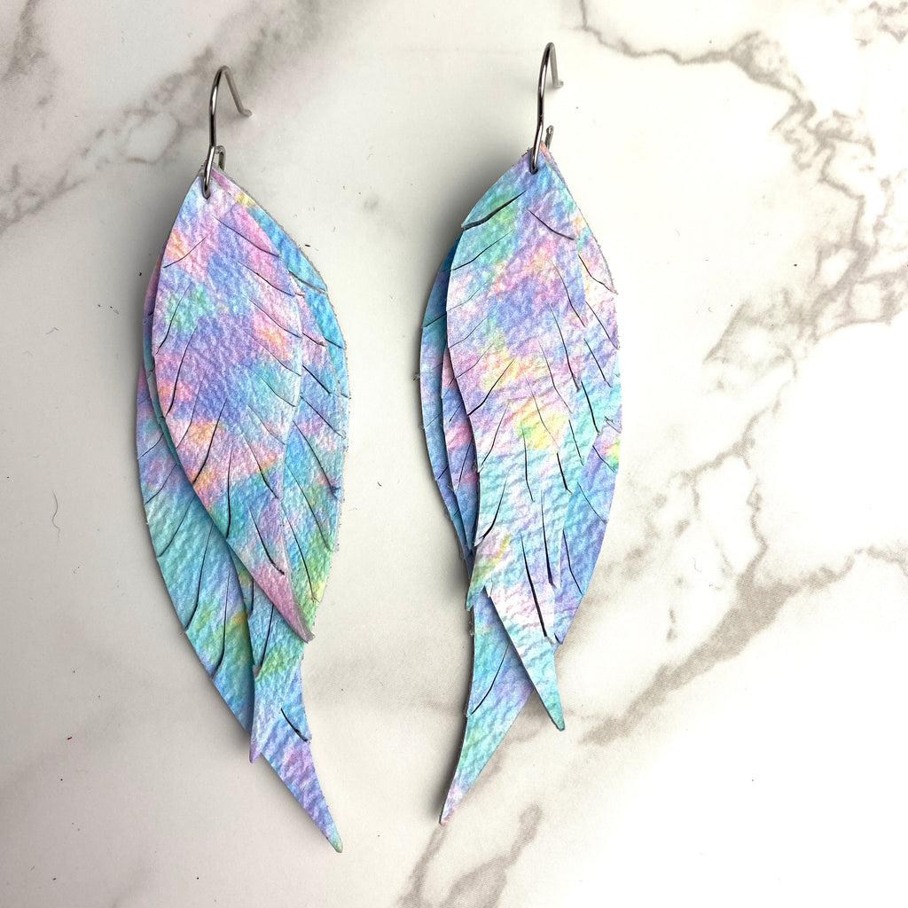 Blue and Pink Tie Dye Leather Feather Earrings