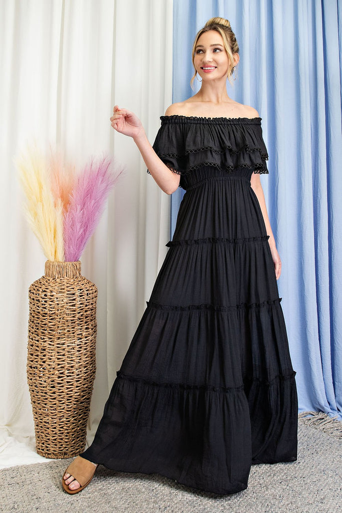 Black Off The Shoulder Ruffle Maxi Dress