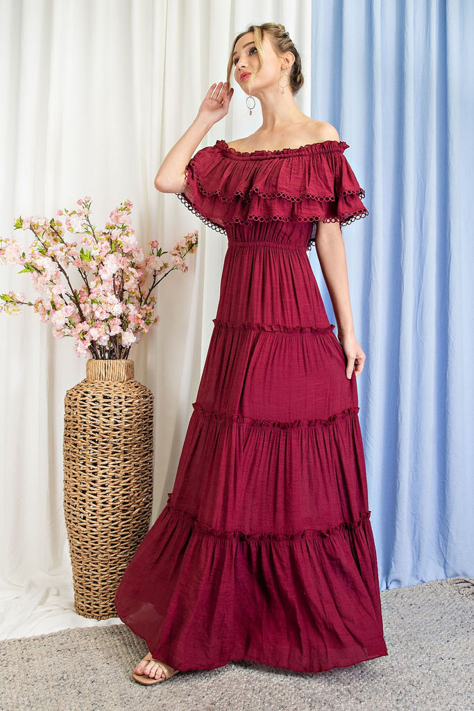 Merlot Off The Shoulder Ruffle Maxi Dress