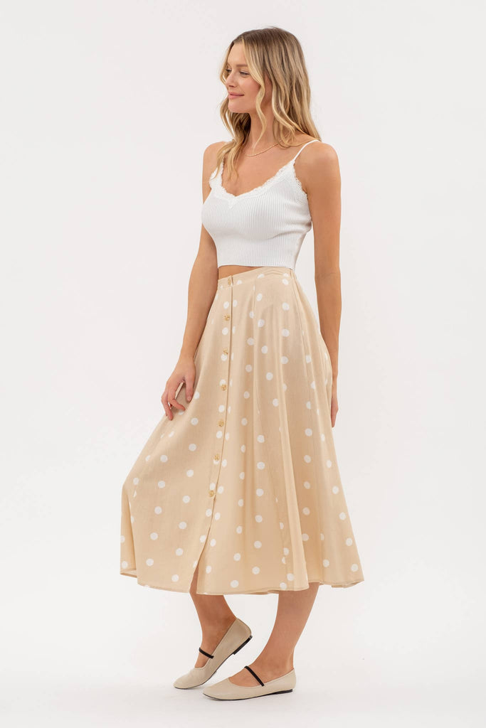 Tan and White Polka Dot Midi Skirt