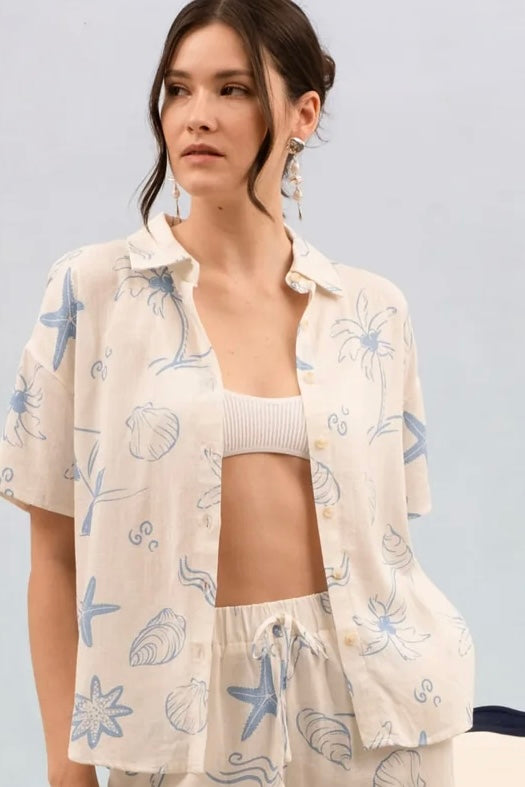 Cream andBlue Sea Print Button Up Top