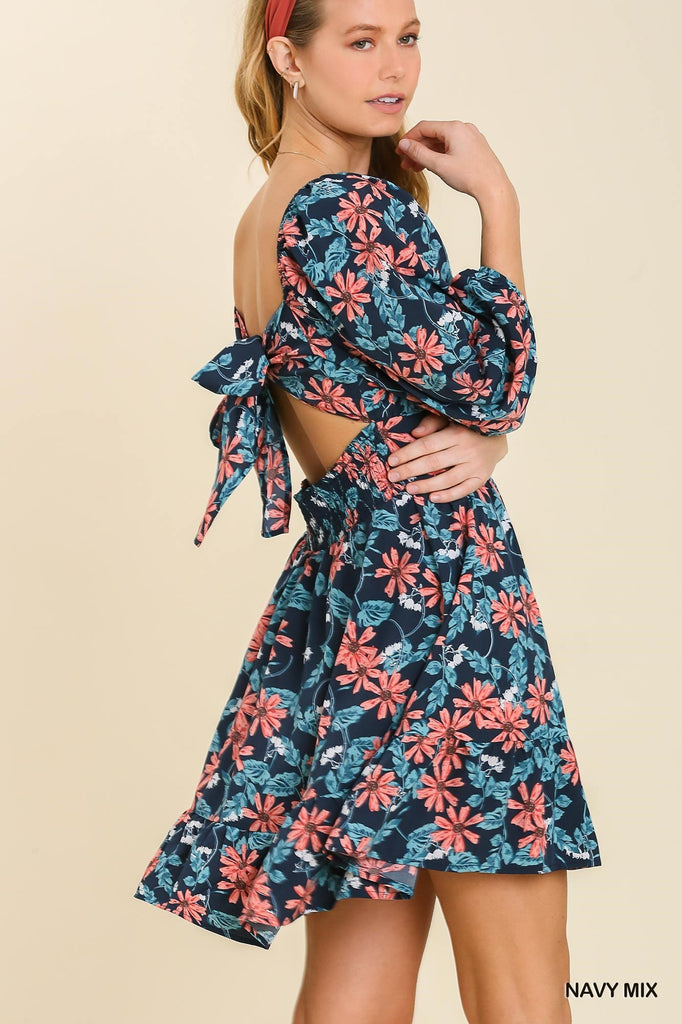 Navy and Peach Floral Long Sleeve Dress