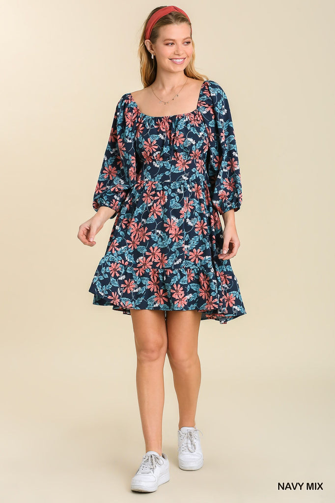 Navy and Peach Floral Long Sleeve Dress