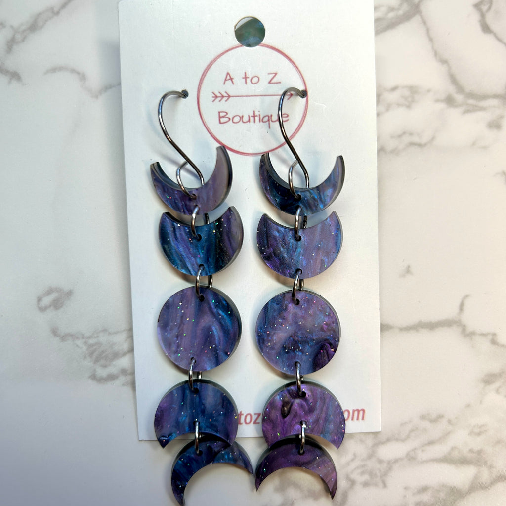 Purple and Blue Sparkle Acrylic Moon Phase Earrings